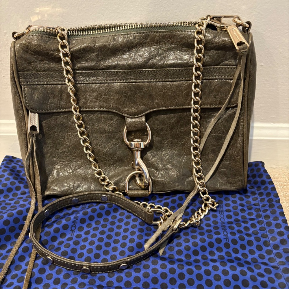Rebecca Minkoff Olive Green Leather Crossbody with Gold Chain